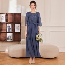 画像4: 高級感 レース切替 ロングワンピース 五分袖 丸首 シフォン エレガント 上品 大人 結婚式 パーティー フォーマル レディース (4)