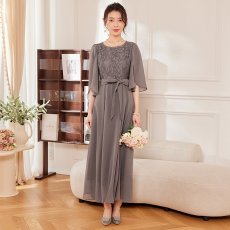 画像3: 高級感 レース切替 ロングワンピース 五分袖 丸首 シフォン エレガント 上品 大人 結婚式 パーティー フォーマル レディース (3)