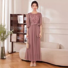 画像2: 高級感 レース切替 ロングワンピース 五分袖 丸首 シフォン エレガント 上品 大人 結婚式 パーティー フォーマル レディース (2)