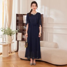 画像6: 高級感 レース切替 ロングワンピース 五分袖 丸首 シフォン エレガント 上品 大人 結婚式 パーティー フォーマル レディース (6)