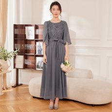 画像5: 高級感 レース切替 ロングワンピース 五分袖 丸首 シフォン エレガント 上品 大人 結婚式 パーティー フォーマル レディース (5)