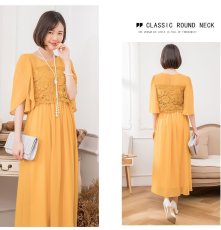 画像9: 春夏新作　レース切替　フリルスリーブ　ハイウエスト　エレガント　ロング丈　ドレスワンピース　上品　きれいめ　レディース (9)